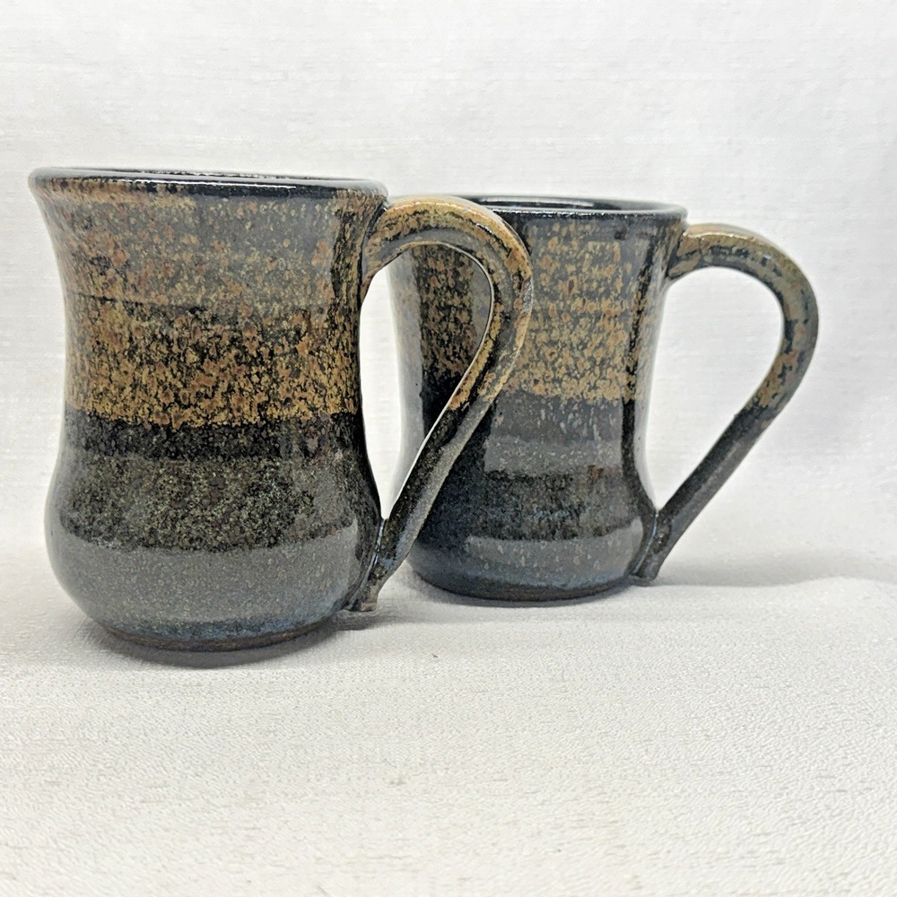Unbranded Studio Pottery Mugs Set of 2 Brown Blue Speckled Glaze Rustic‎ Boho